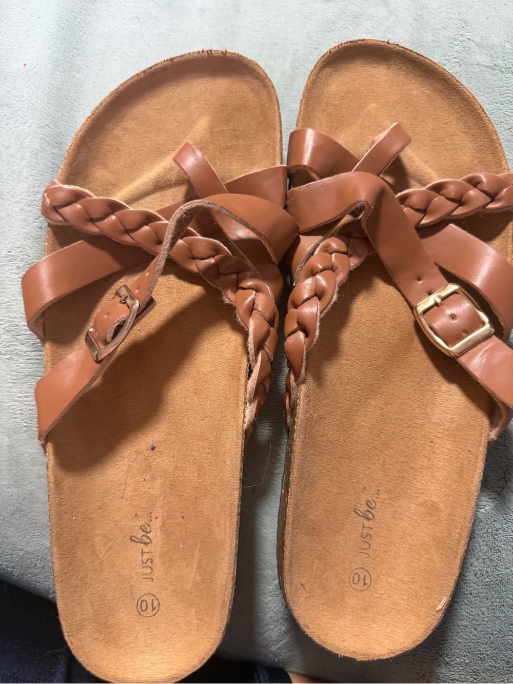 just be Brown Braided Leather Slide Sandals with Buckle